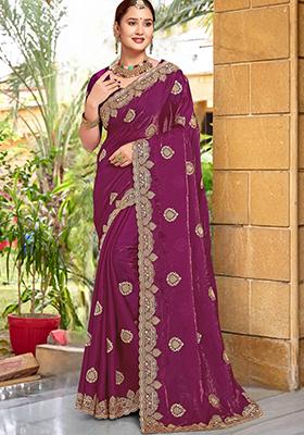 Wine Sequin Work Silk Saree Set