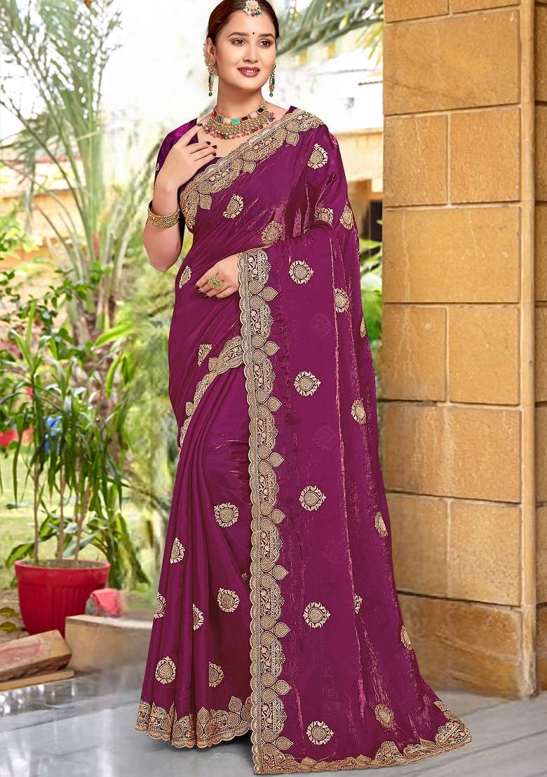 Wine Work Silk Blend Saree Set with Sequin for Diwali | Wedding & Festive Wear - Indya