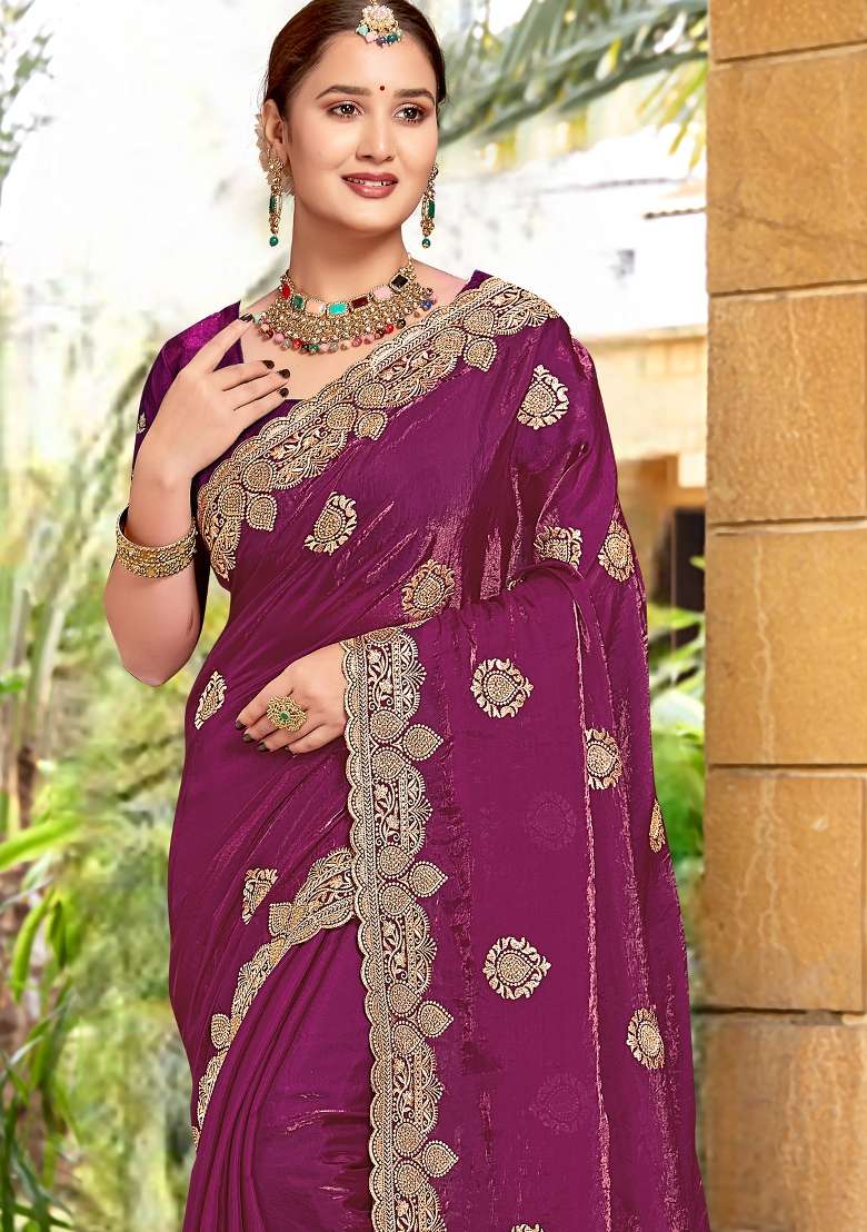 Wine Work Silk Blend Saree Set with Sequin for Diwali | Wedding & Festive Wear - Indya