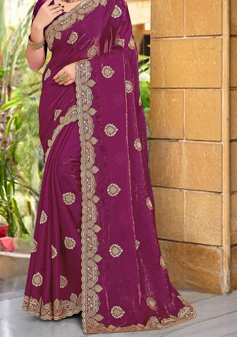 Wine Work Silk Blend Saree Set with Sequin for Diwali | Wedding & Festive Wear - Indya