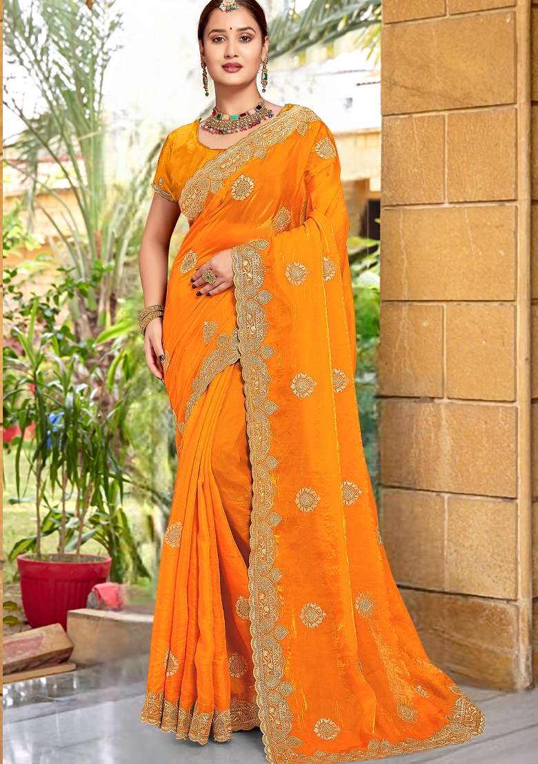 Mustard Yellow Work Silk Blend Saree Set with Sequin for Diwali | Wedding & Festive Wear - Indya