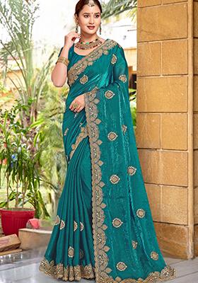 Turquoise Sequin Work Silk Saree Set