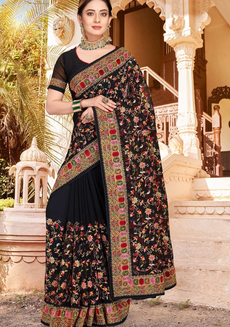 Black Kashmiri Resham Work Georgette Saree Set for Diwali and Festive Wear - Indya