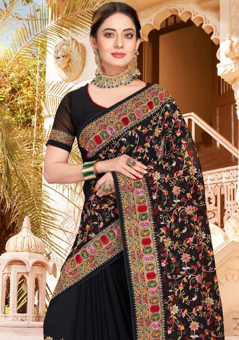 Black Kashmiri Resham Work Georgette Saree Set for Diwali and Festive Wear - Indya