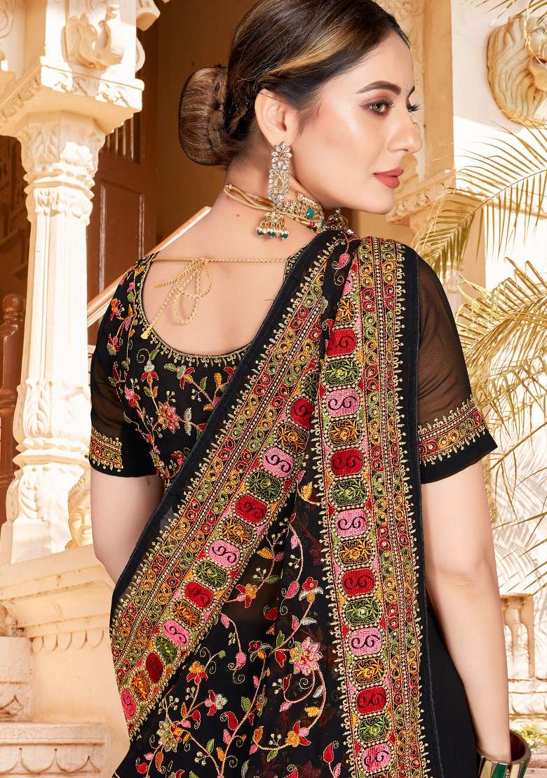 Black Kashmiri Resham Work Georgette Saree Set for Diwali and Festive Wear - Indya