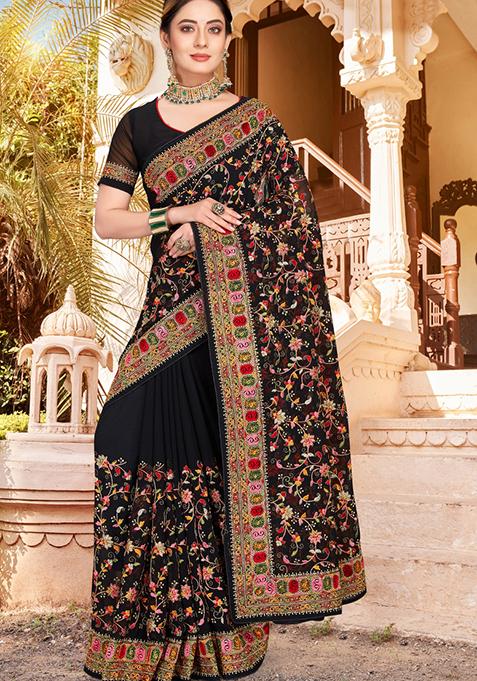 Black Kashmiri Resham Work Georgette Saree Set