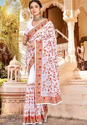 White Kashmiri Resham Work Georgette Saree Set