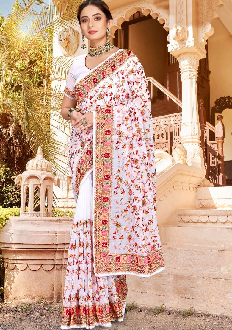 White Kashmiri Resham Work Georgette Saree Set for Diwali | Wedding & Festive Wear - Indya