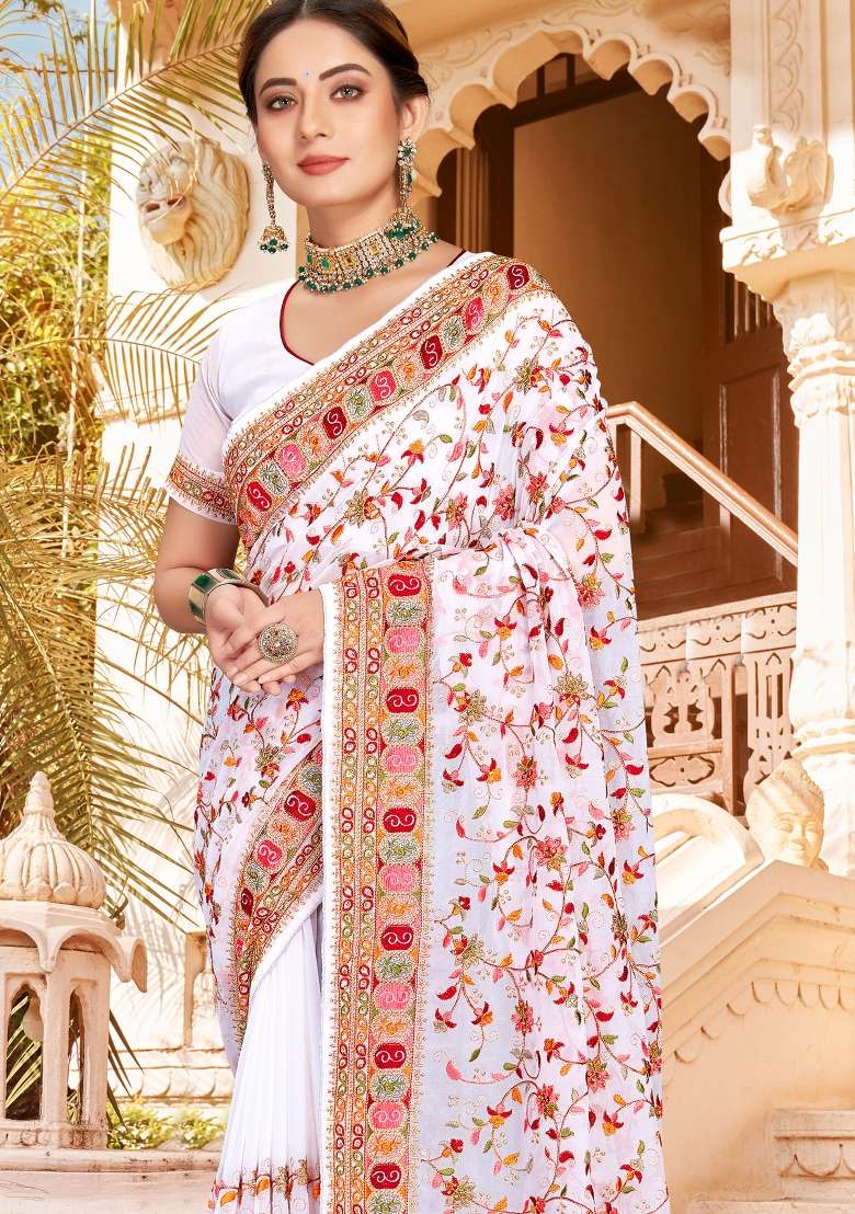 White Kashmiri Resham Work Georgette Saree Set for Diwali | Wedding & Festive Wear - Indya