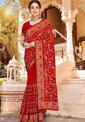Red Kashmiri Resham Work Georgette Saree Set