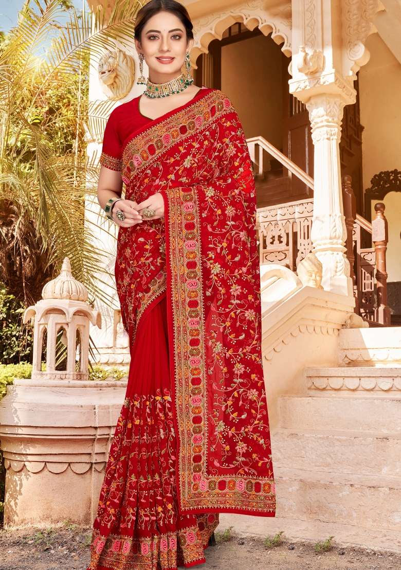 Red Kashmiri Resham Work Georgette Saree Set for Diwali | Wedding & Festive Wear - Indya