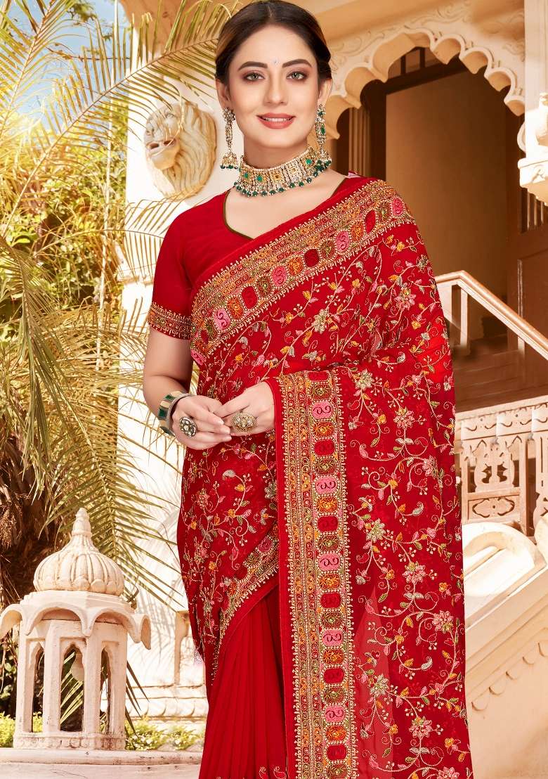 Red Kashmiri Resham Work Georgette Saree Set for Diwali | Wedding & Festive Wear - Indya