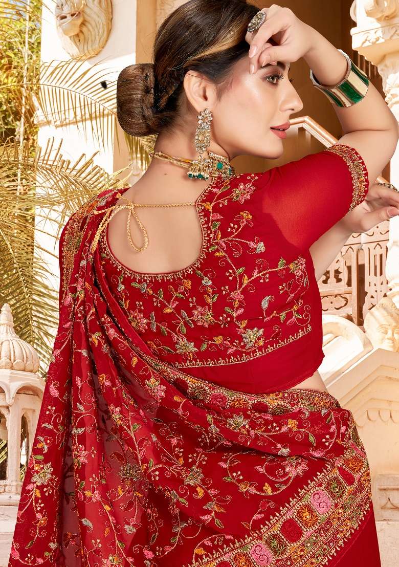 Red Kashmiri Resham Work Georgette Saree Set for Diwali | Wedding & Festive Wear - Indya