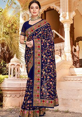 Navy Blue Kashmiri Resham Work Georgette Saree Set