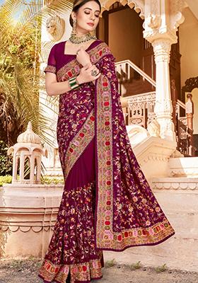 Wine Kashmiri Resham Work Georgette Saree Set
