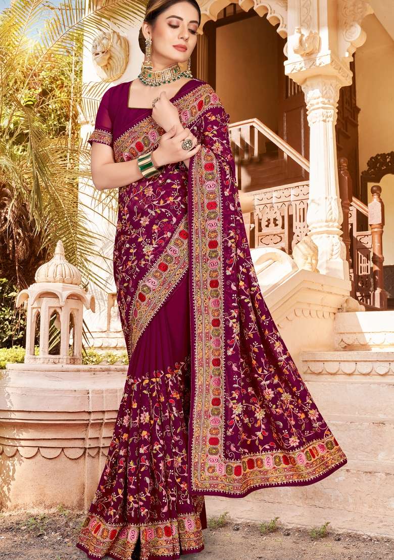Wine Kashmiri Resham Work Georgette Saree Set for Diwali and Festive Wear - Indya