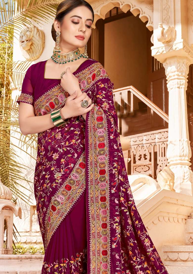 Wine Kashmiri Resham Work Georgette Saree Set for Diwali and Festive Wear - Indya