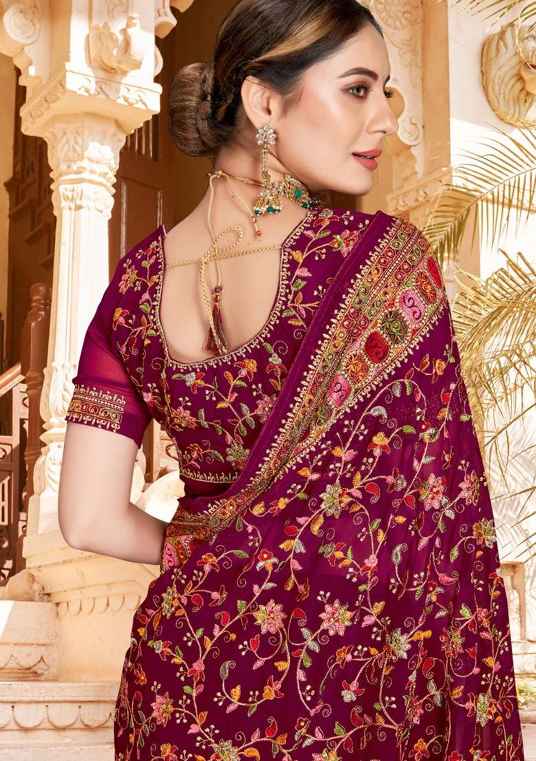 Wine Kashmiri Resham Work Georgette Saree Set for Diwali and Festive Wear - Indya