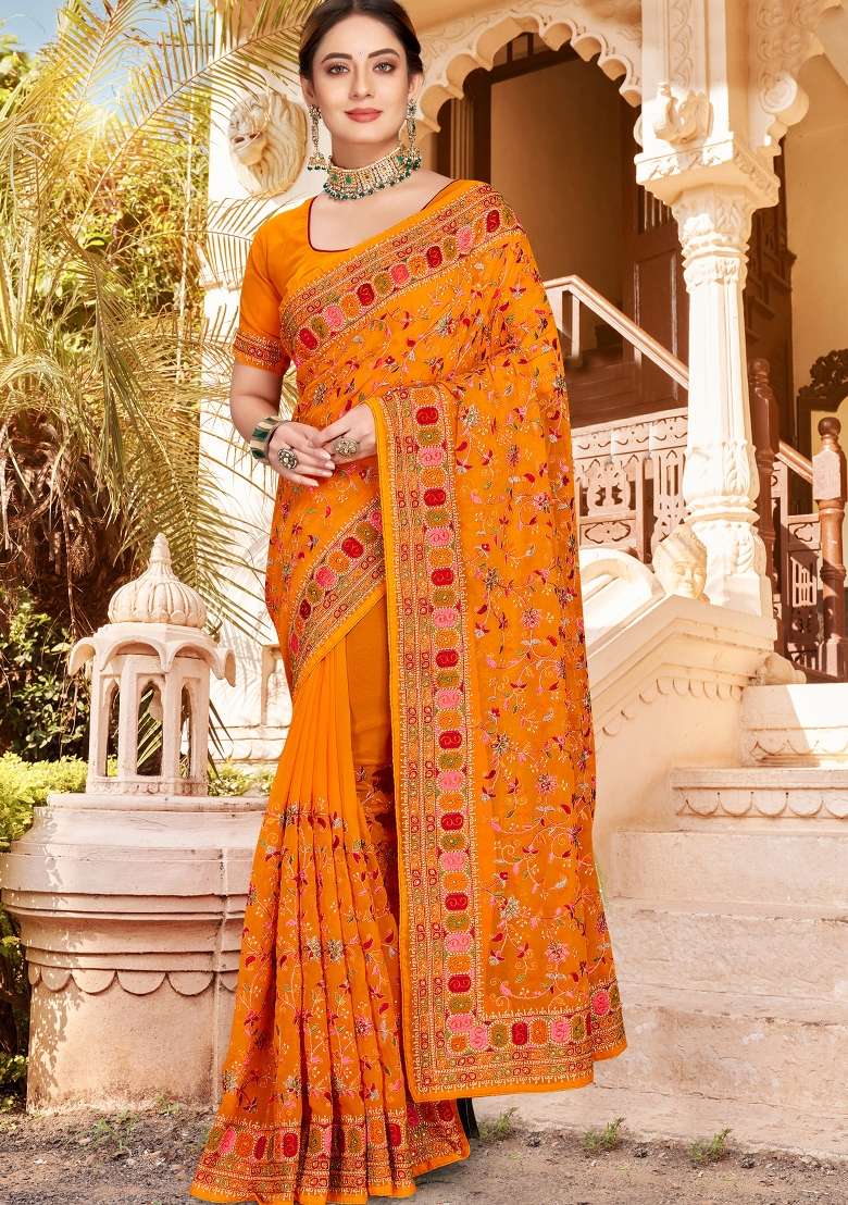 Mustard Yellow Kashmiri Resham Work Georgette Saree Set for Diwali and Festive Wear - Indya