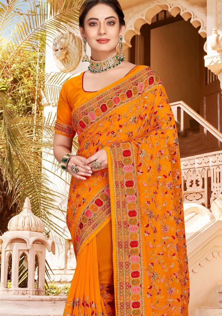 Mustard Yellow Kashmiri Resham Work Georgette Saree Set for Diwali and Festive Wear - Indya