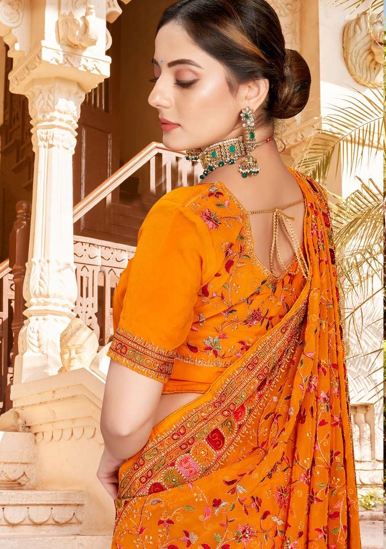 Mustard Yellow Kashmiri Resham Work Georgette Saree Set for Diwali and Festive Wear - Indya
