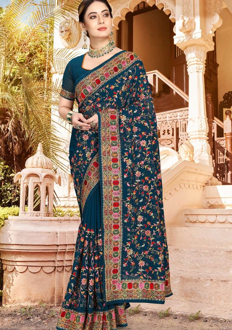 Teal Blue Kashmiri Resham Work Georgette Saree Set for Diwali and Festive Wear - Indya