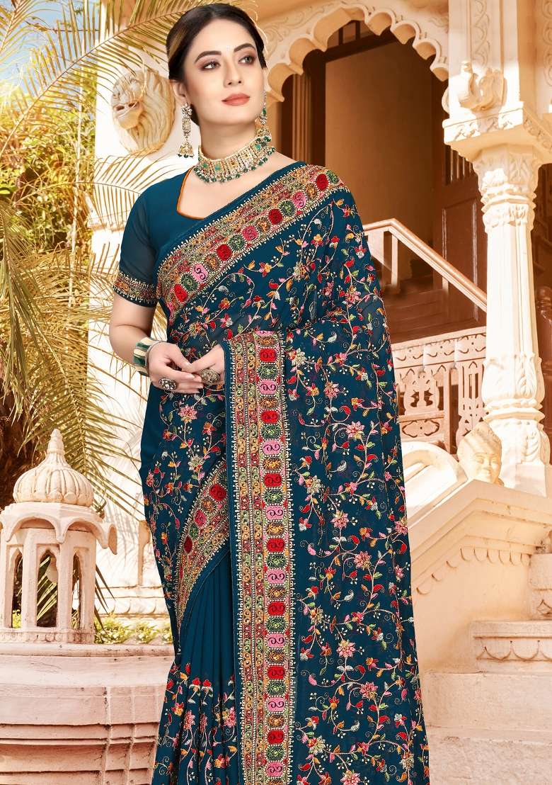 Teal Blue Kashmiri Resham Work Georgette Saree Set for Diwali and Festive Wear - Indya