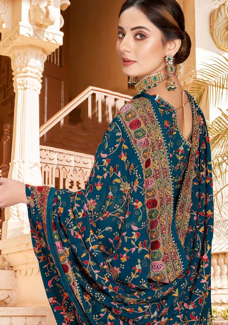Teal Blue Kashmiri Resham Work Georgette Saree Set for Diwali and Festive Wear - Indya