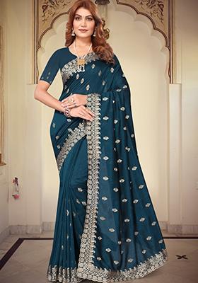 Teal Blue Sequin Work Silk Saree Set