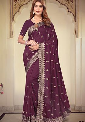 Wine Sequin Work Silk Saree Set
