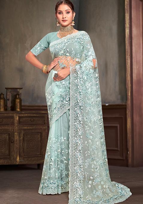 Sky Blue Sequin Work  Saree Set