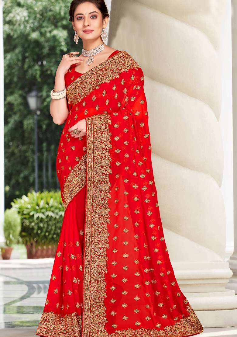 Red Sequin Work  Saree Set - Indya
