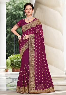 Wine Sequin Work  Saree Set