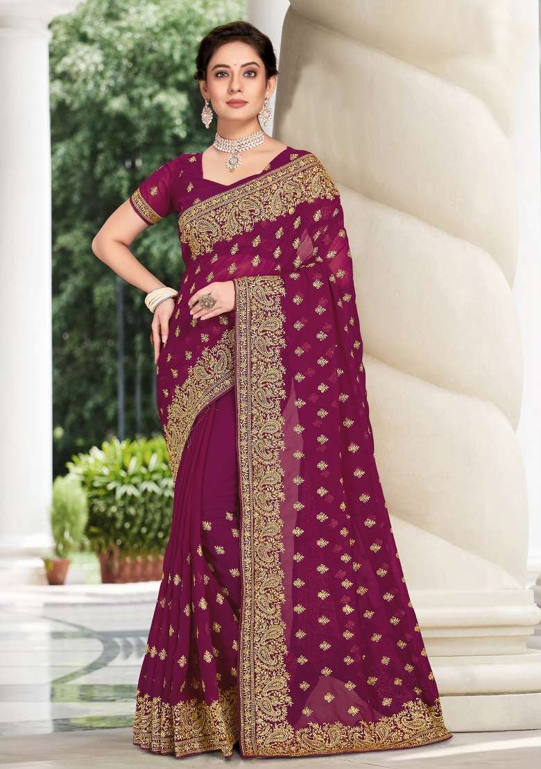 Wine Sequin Work  Saree Set - Indya