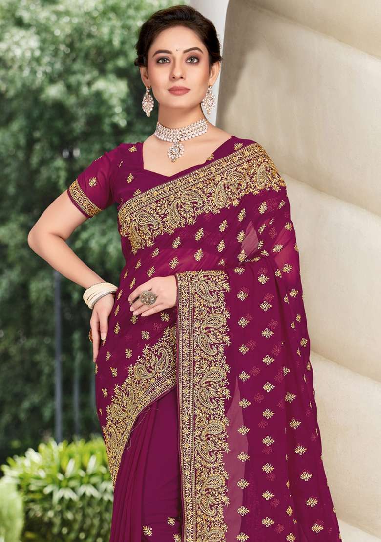 Wine Sequin Work  Saree Set - Indya