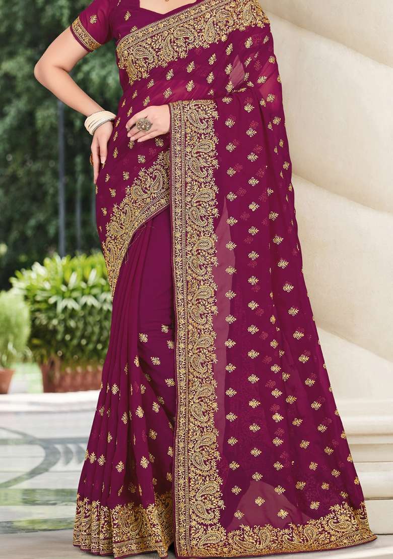 Wine Sequin Work  Saree Set - Indya
