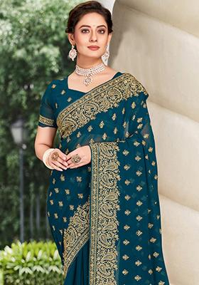 Teal Blue Sequin Work  Saree Set