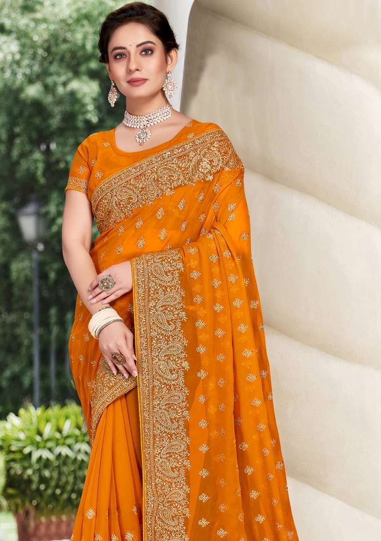 Mustard Yellow Sequin Work Saree Set for Diwali and Festive Wear - Indya