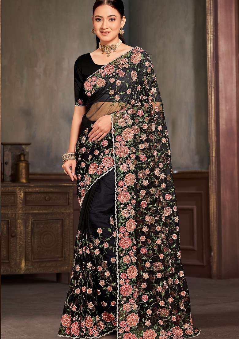 Black Sequin Work Net Saree Set for Diwali and Festive Wear - Indya