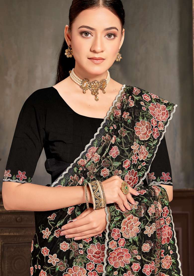 Black Sequin Work Net Saree Set for Diwali and Festive Wear - Indya