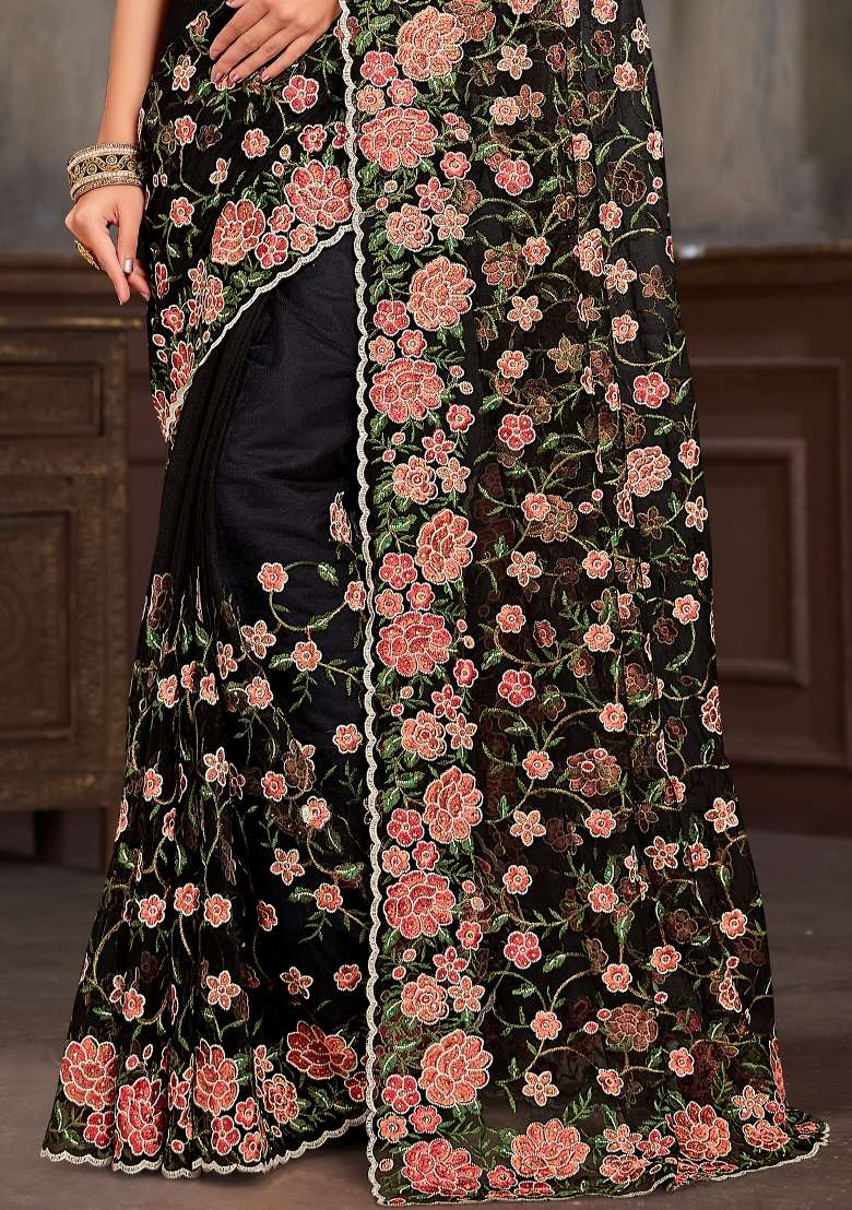 Black Sequin Work Net Saree Set for Diwali and Festive Wear - Indya