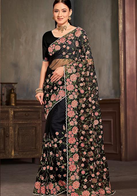 Black Sequin Work Net Saree Set