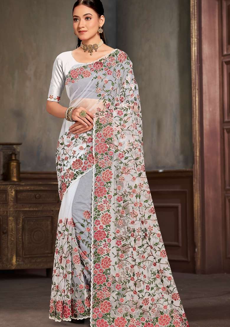 White Work Net Saree Set with Sequin for Diwali | Wedding & Festive Wear - Indya