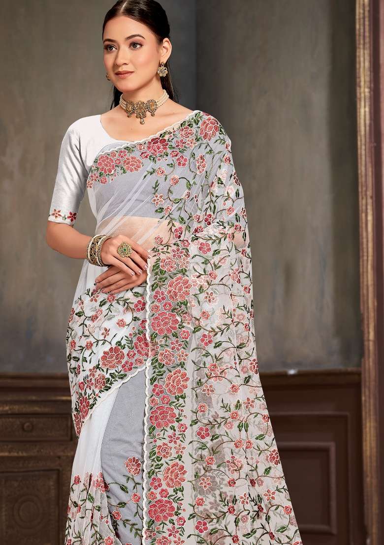 White Work Net Saree Set with Sequin for Diwali | Wedding & Festive Wear - Indya