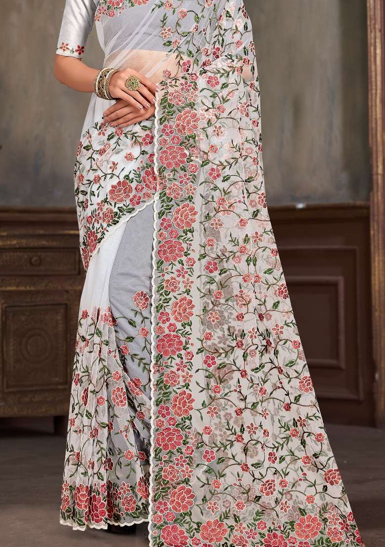 White Work Net Saree Set with Sequin for Diwali | Wedding & Festive Wear - Indya