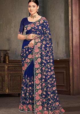 Navy Blue Sequin Work Net Saree Set