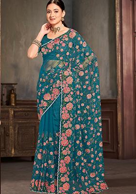 Teal Blue Sequin Work Net Saree Set