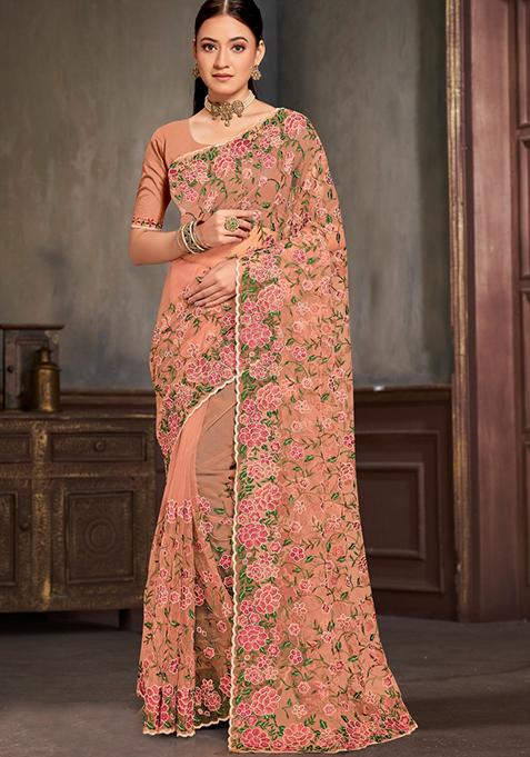 Peach Sequin Work Net Saree Set