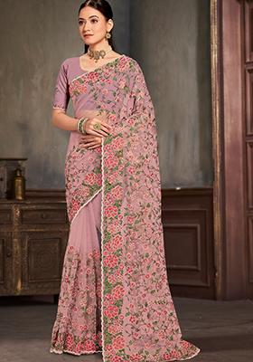 Lavender Sequin Work Net Saree Set