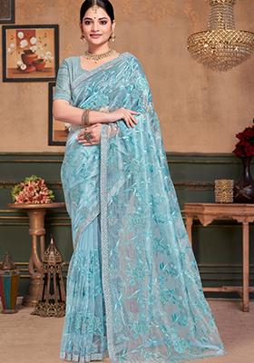 Sky Blue Sequin Work Silk Saree Set